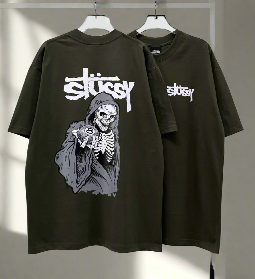 Stussy (Skull 8 Ball) POM, Casual T-shirt, Unisex