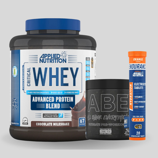 Applied Nutrition Critical Whey 67 Servings, ABE Pre-Workout 30 Servings, Hydration Electrolyte 20 Tablets