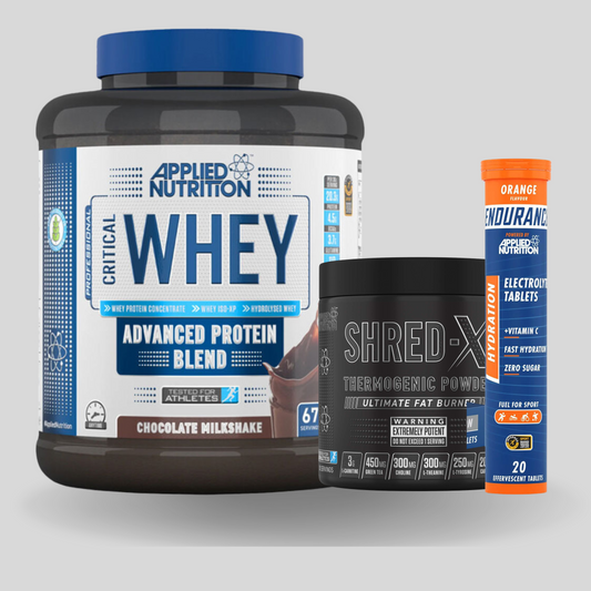 Applied Nutrition Critical Whey 67 Servings, ShredX 30 Servings, Hydration Electrolyte 20 Tablets