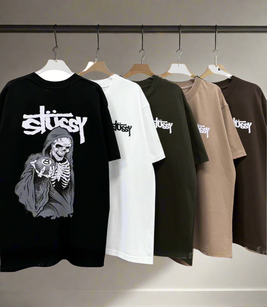 Stussy (Skull 8 Ball) POM, Casual T-shirt, Unisex